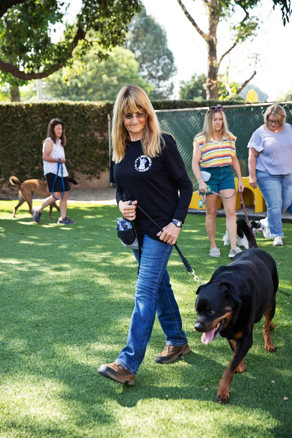 Trainer walking a Rottweiler on leash in a group class yard